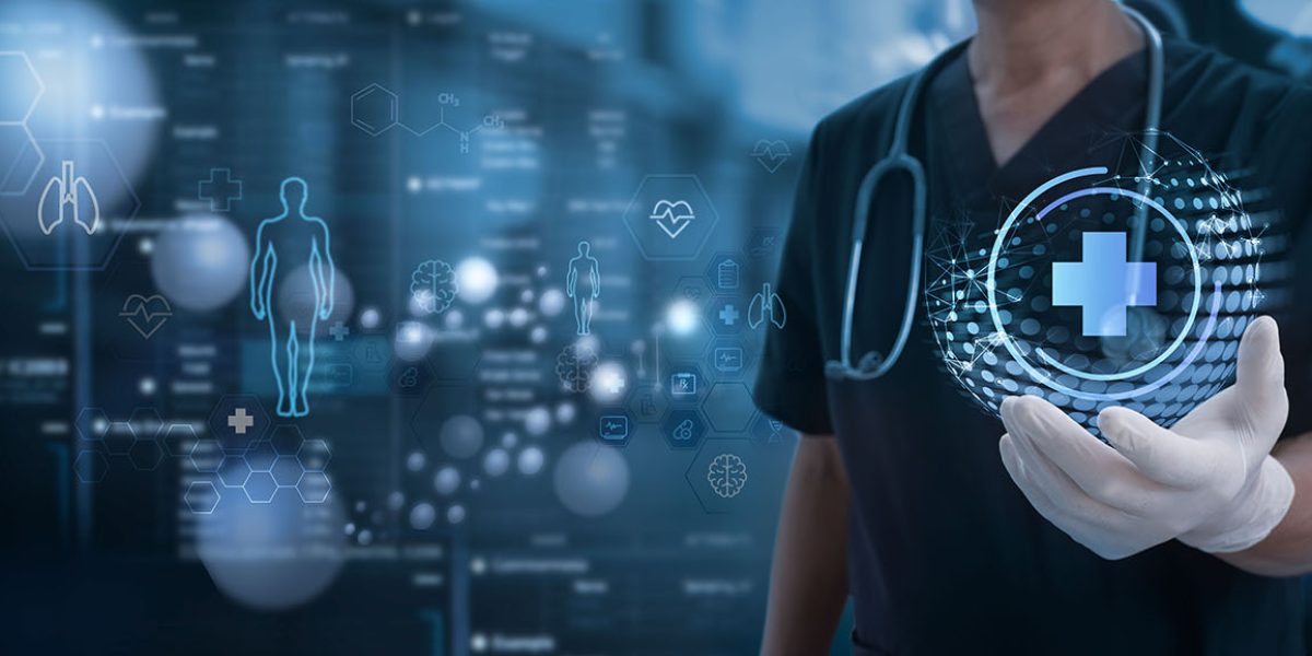 Medical technology. Doctor holding health icon with dna, electronic medical record.